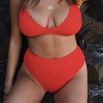 Textured red flattering scoop neck bikini top with thick shoulder straps and adjustable tie-back. 