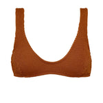 Textured caramel brown flattering scoop neck bikini top with thick shoulder straps and adjustable tie-back. 