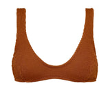 Textured caramel brown flattering scoop neck bikini top with thick shoulder straps and adjustable tie-back. 