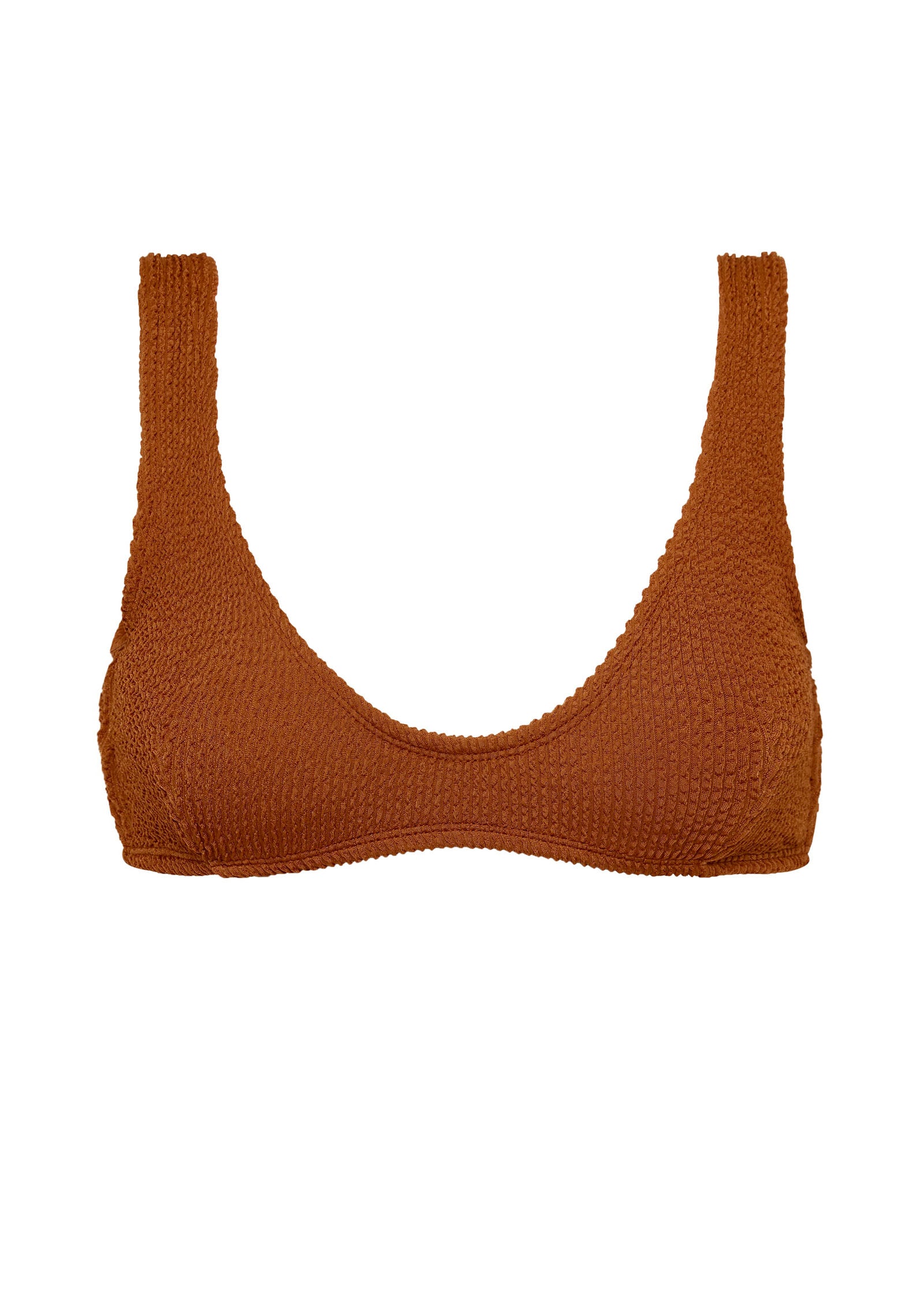 Textured caramel brown flattering scoop neck bikini top with thick shoulder straps and adjustable tie-back. 