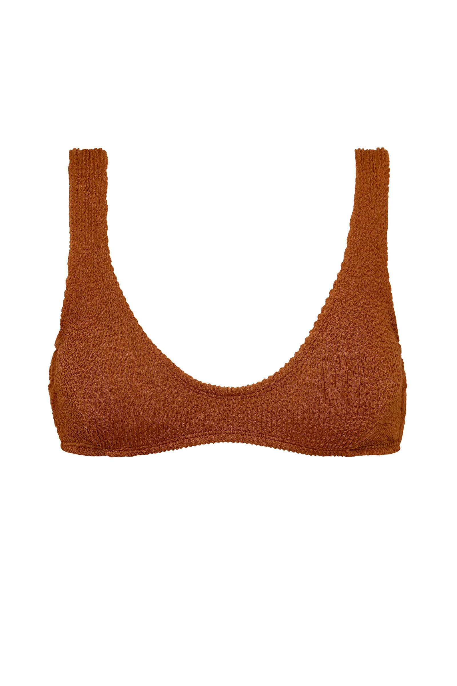 Textured caramel brown flattering scoop neck bikini top with thick shoulder straps and adjustable tie-back. 