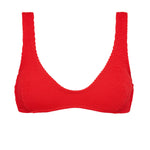 Textured red flattering scoop neck bikini top with thick shoulder straps and adjustable tie-back. 