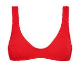 Textured red flattering scoop neck bikini top with thick shoulder straps and adjustable tie-back. 