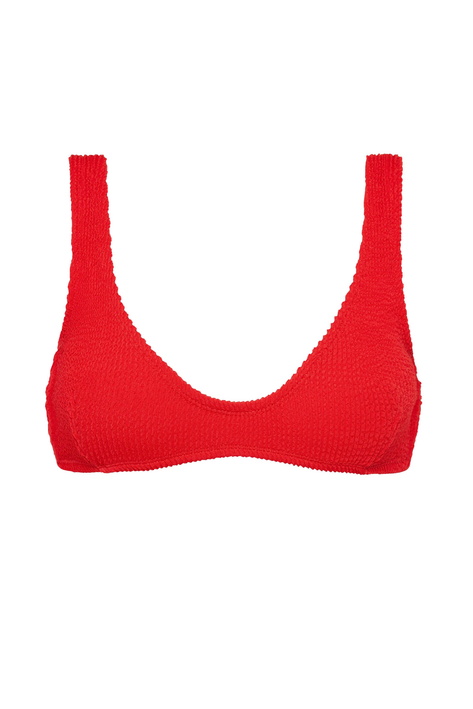 Textured red flattering scoop neck bikini top with thick shoulder straps and adjustable tie-back. 