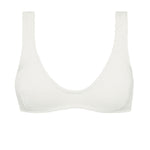 Textured white flattering scoop neck bikini top with thick shoulder straps and adjustable tie-back. 