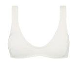 Textured white flattering scoop neck bikini top with thick shoulder straps and adjustable tie-back. 