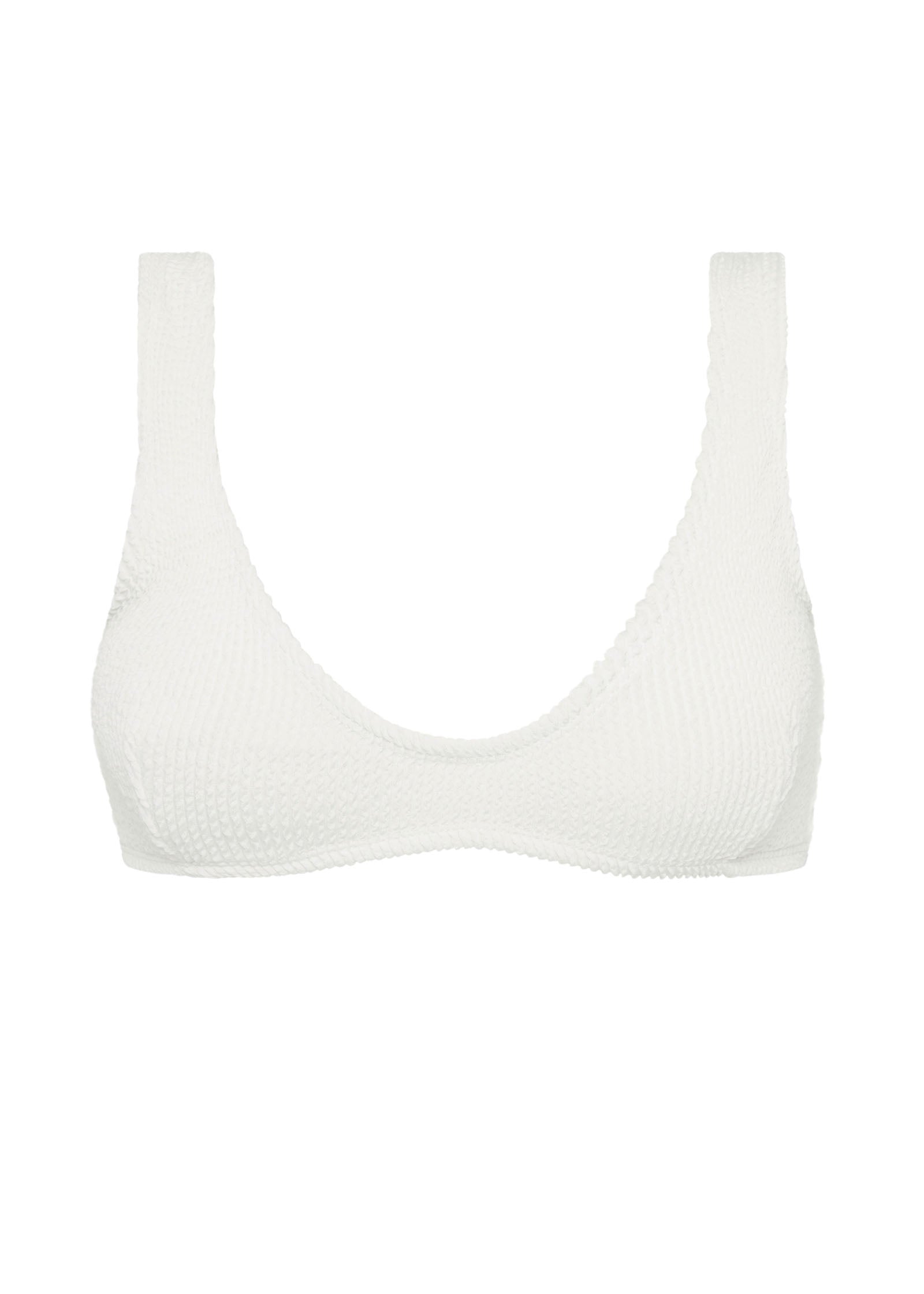Textured white flattering scoop neck bikini top with thick shoulder straps and adjustable tie-back. 