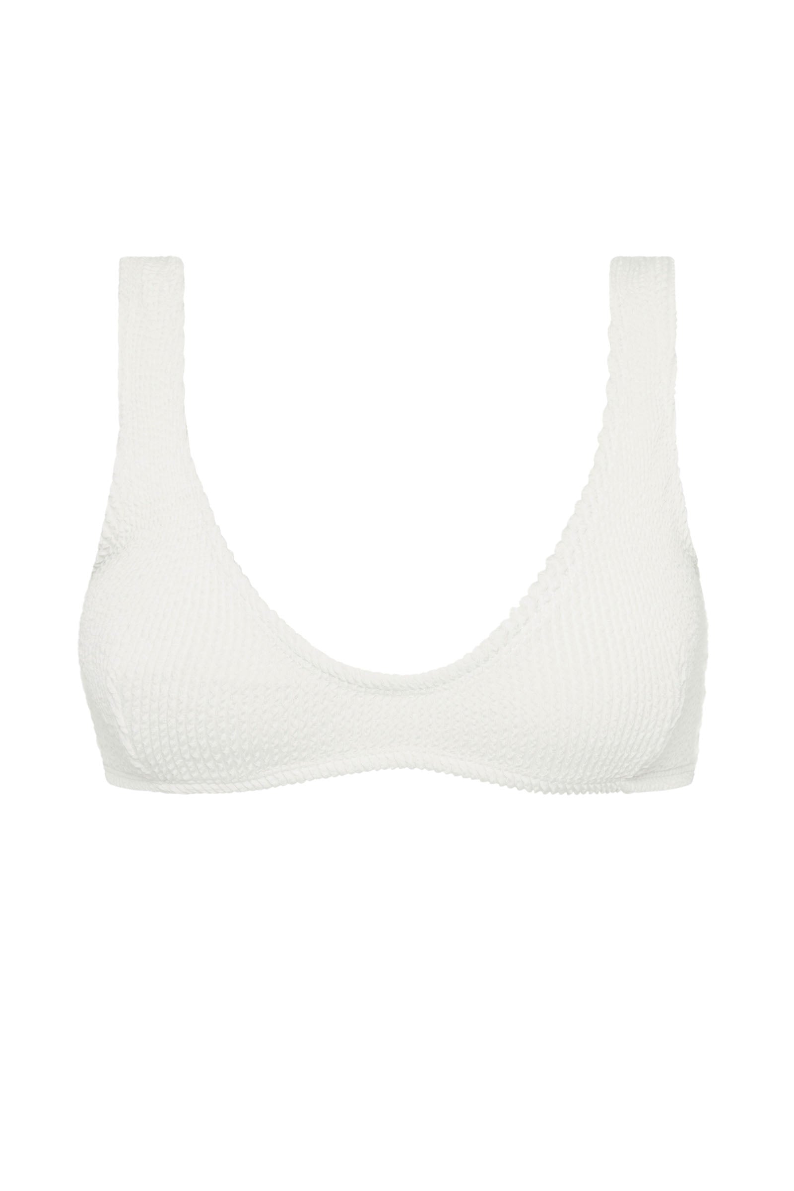 Textured white flattering scoop neck bikini top with thick shoulder straps and adjustable tie-back. 