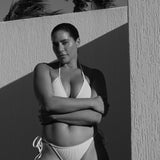 White textured tie side bikini bottom designed to fit and flatter curves. 