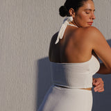 White high-waisted, full coverage bikini bottom made from premium textured 5D fabric with power mesh lining to contour, sculpt and give superior support.