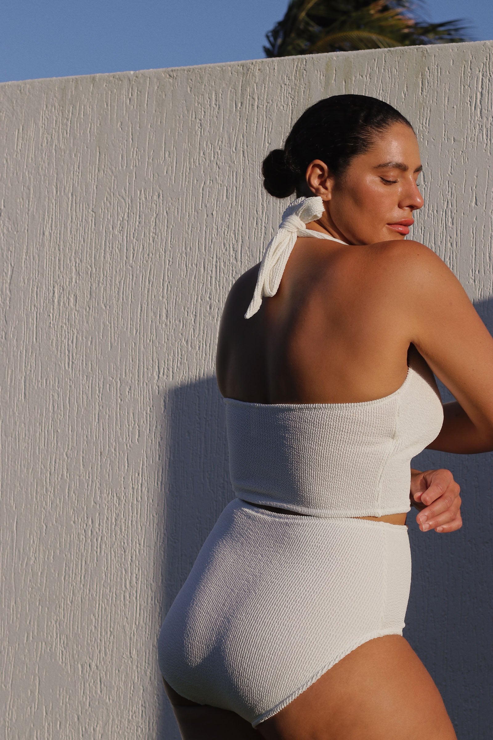 White high-waisted, full coverage bikini bottom made from premium textured 5D fabric with power mesh lining to contour, sculpt and give superior support.