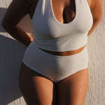 White high-waisted, full coverage bikini bottom made from premium textured 5D fabric with power mesh lining to contour, sculpt and give superior support.