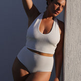 White high-waisted, full coverage bikini bottom made from premium textured 5D fabric with power mesh lining to contour, sculpt and give superior support.