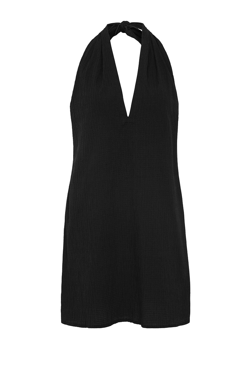 Bokumaia Behati Mini Dress Black halter neck silhouette in textured cotton