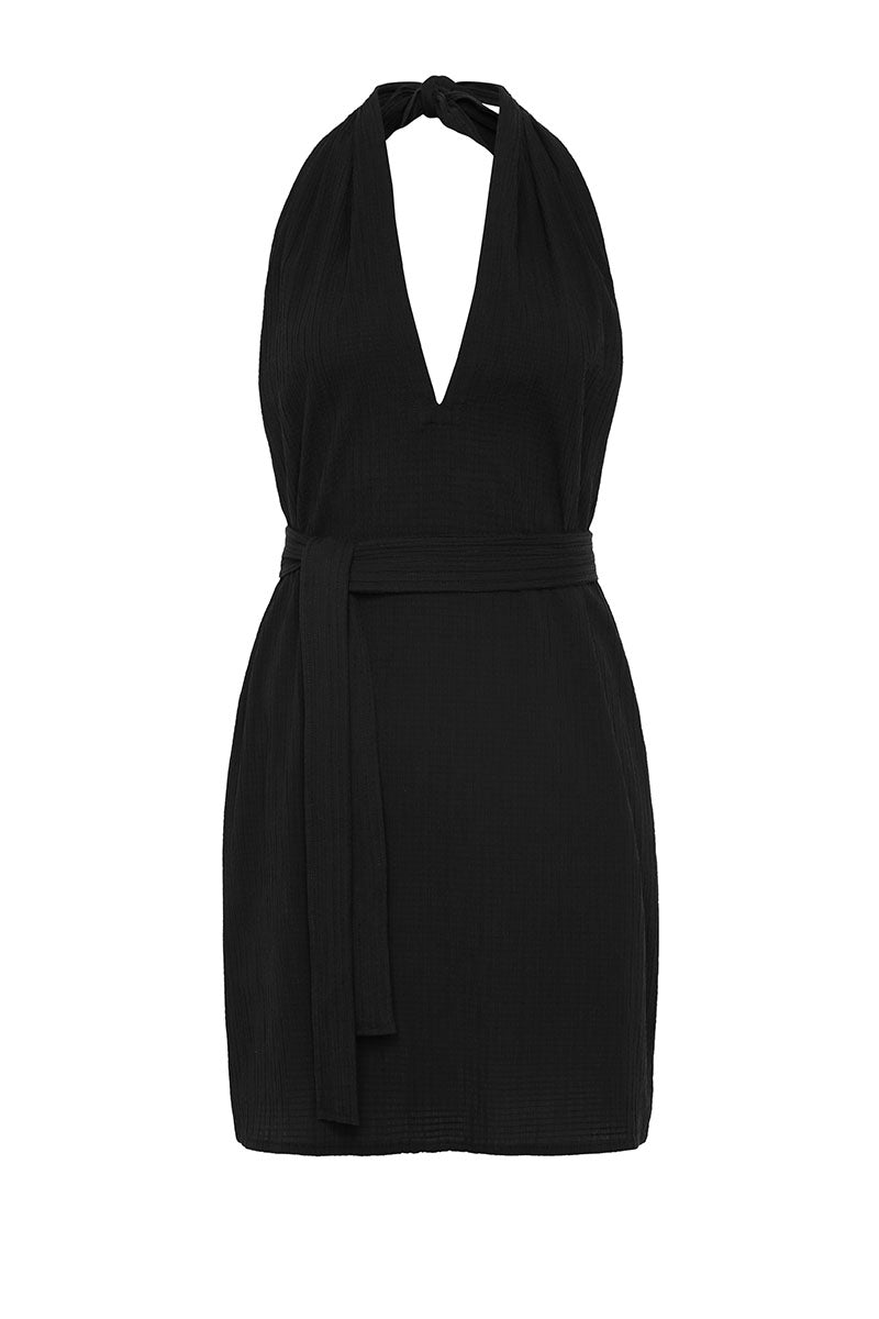 Bokumaia Behati Mini Dress in Black with halter neckline and textured cotton fabric