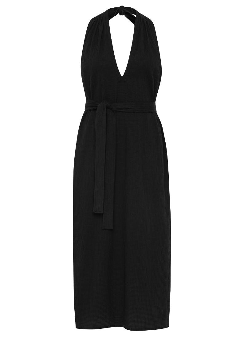 Bokumaia Bettina Midi Dress Black halter neck silhouette in textured cotton