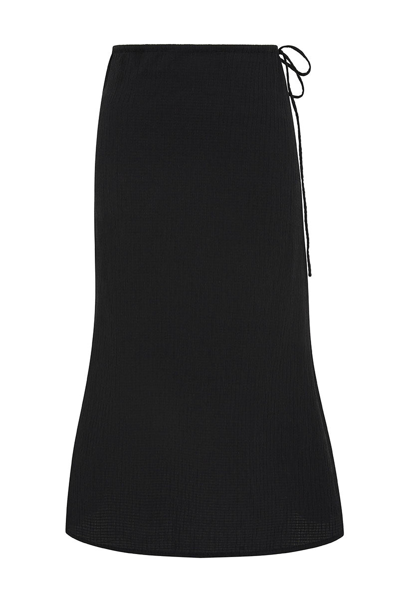Bokumaia Dahlia Midi Skirt Black with adjustable side tie and flared hem