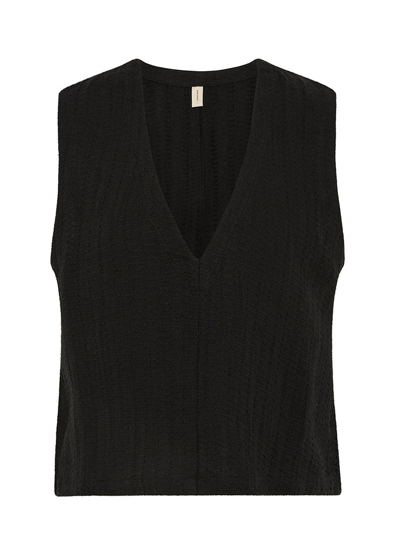 Bokumaia Echo Tank Black sleeveless v-neck in textured linen