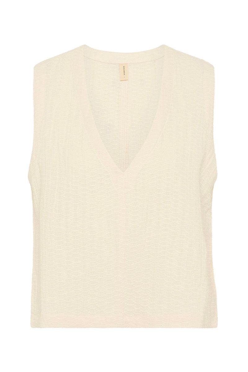 Bokumaia Echo Tank Ecru sleeveless v-neck in textured linen blend