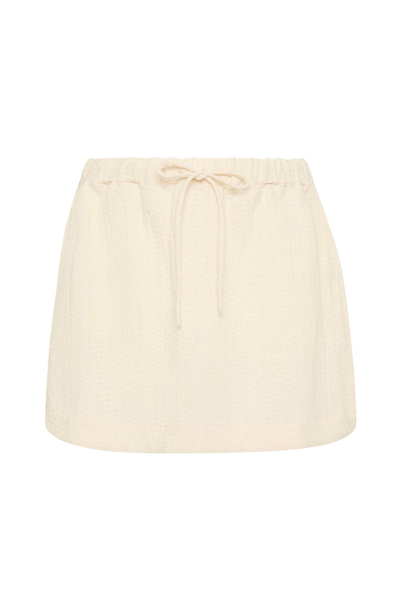 Bokumaia Sahara Mini Skirt Ecru mid-rise linen mini with drawstring waist