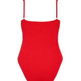 Textured Red flattering, full coverage swimsuit with adjustable shoulder straps and in-built shelf bra. 