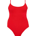 Textured Red flattering, full coverage swimsuit with adjustable shoulder straps and in-built shelf bra. 