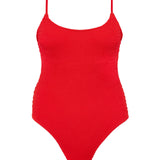 Textured Red flattering, full coverage swimsuit with adjustable shoulder straps and in-built shelf bra. 