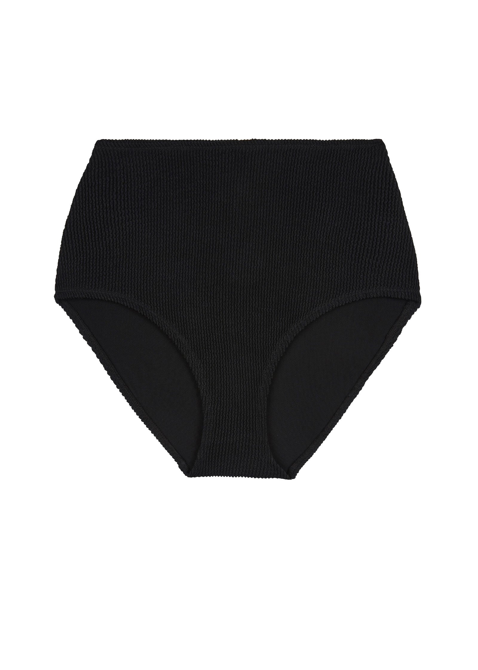 Black high-waisted, full coverage bikini bottom made from premium textured 5D fabric with power mesh lining to contour, sculpt and give superior support.