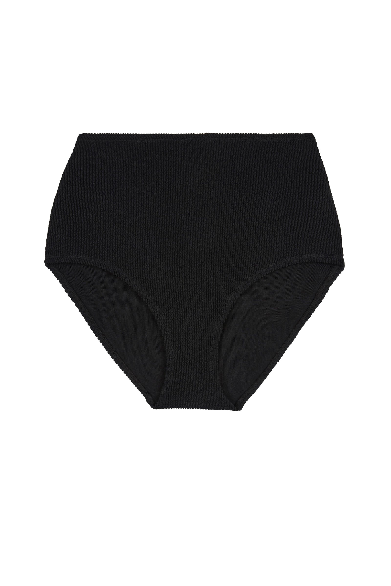 Black high-waisted, full coverage bikini bottom made from premium textured 5D fabric with power mesh lining to contour, sculpt and give superior support.