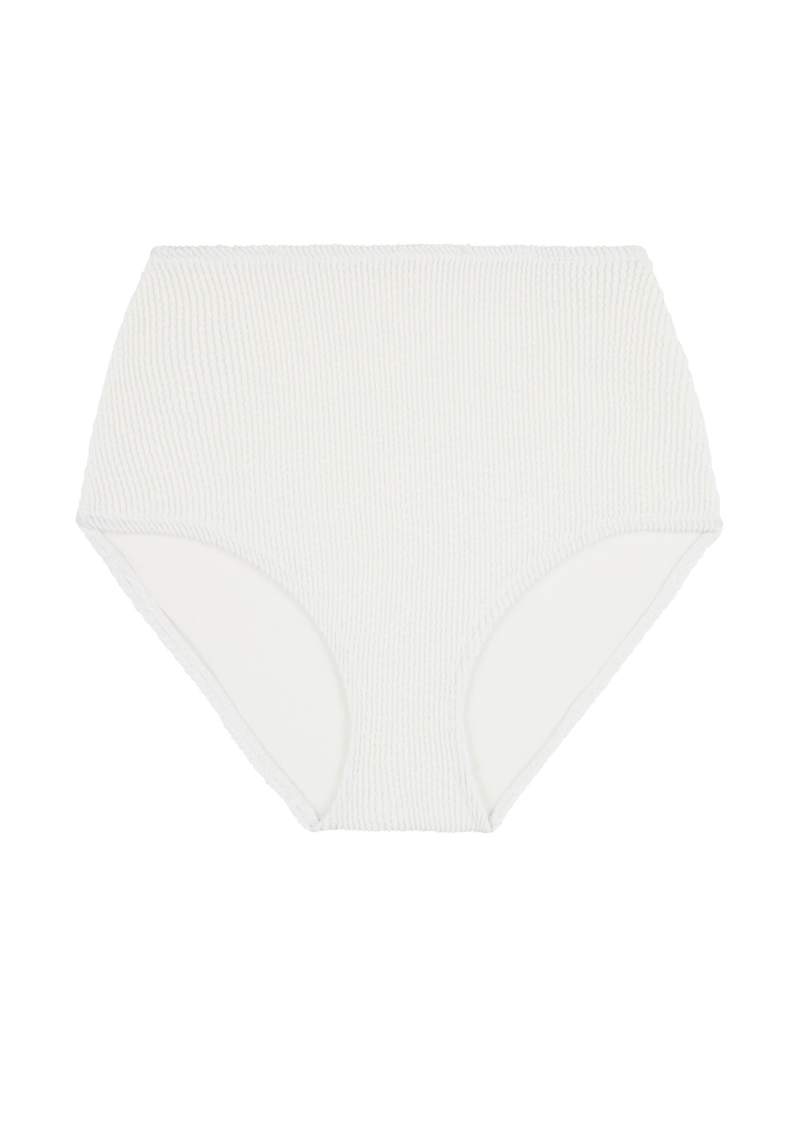 White high-waisted, full coverage bikini bottom made from premium textured 5D fabric with power mesh lining to contour, sculpt and give superior support.