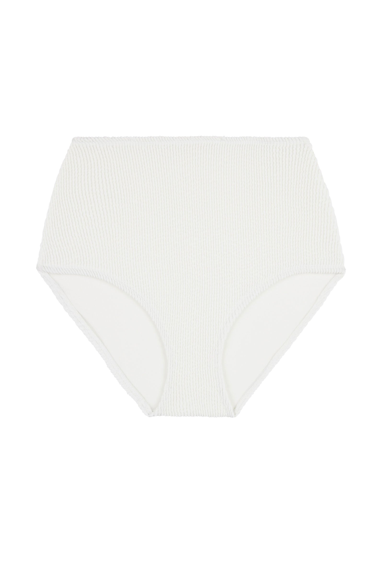 White high-waisted, full coverage bikini bottom made from premium textured 5D fabric with power mesh lining to contour, sculpt and give superior support.