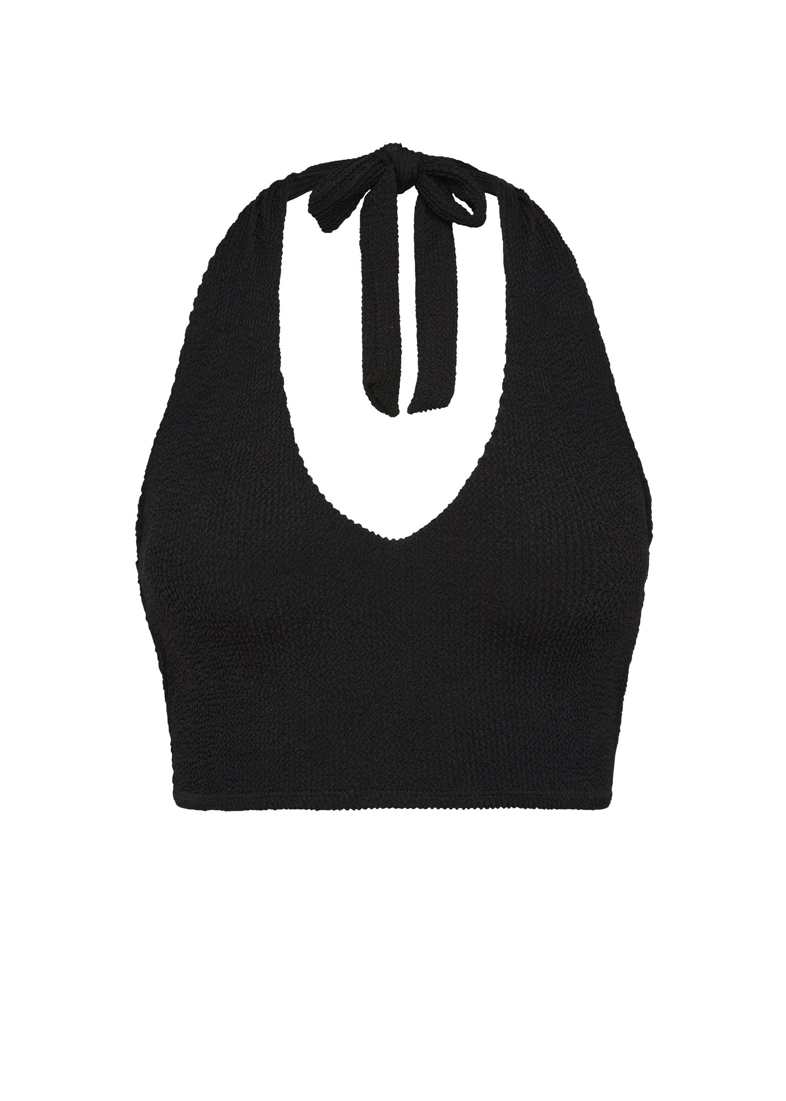 Black halter bikini top with built-in support and adjustable tie-neck.