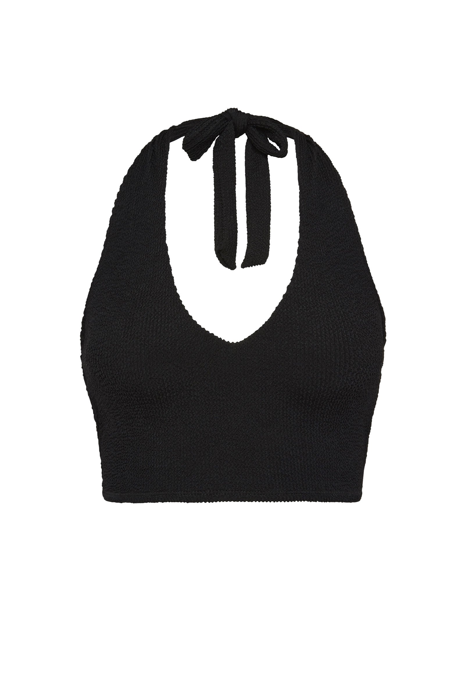 Black halter bikini top with built-in support and adjustable tie-neck.