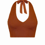 Caramel halter bikini top with built-in support, flattering plunge neckline and adjustable tie-neck.