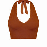 Caramel halter bikini top with built-in support, flattering plunge neckline and adjustable tie-neck.