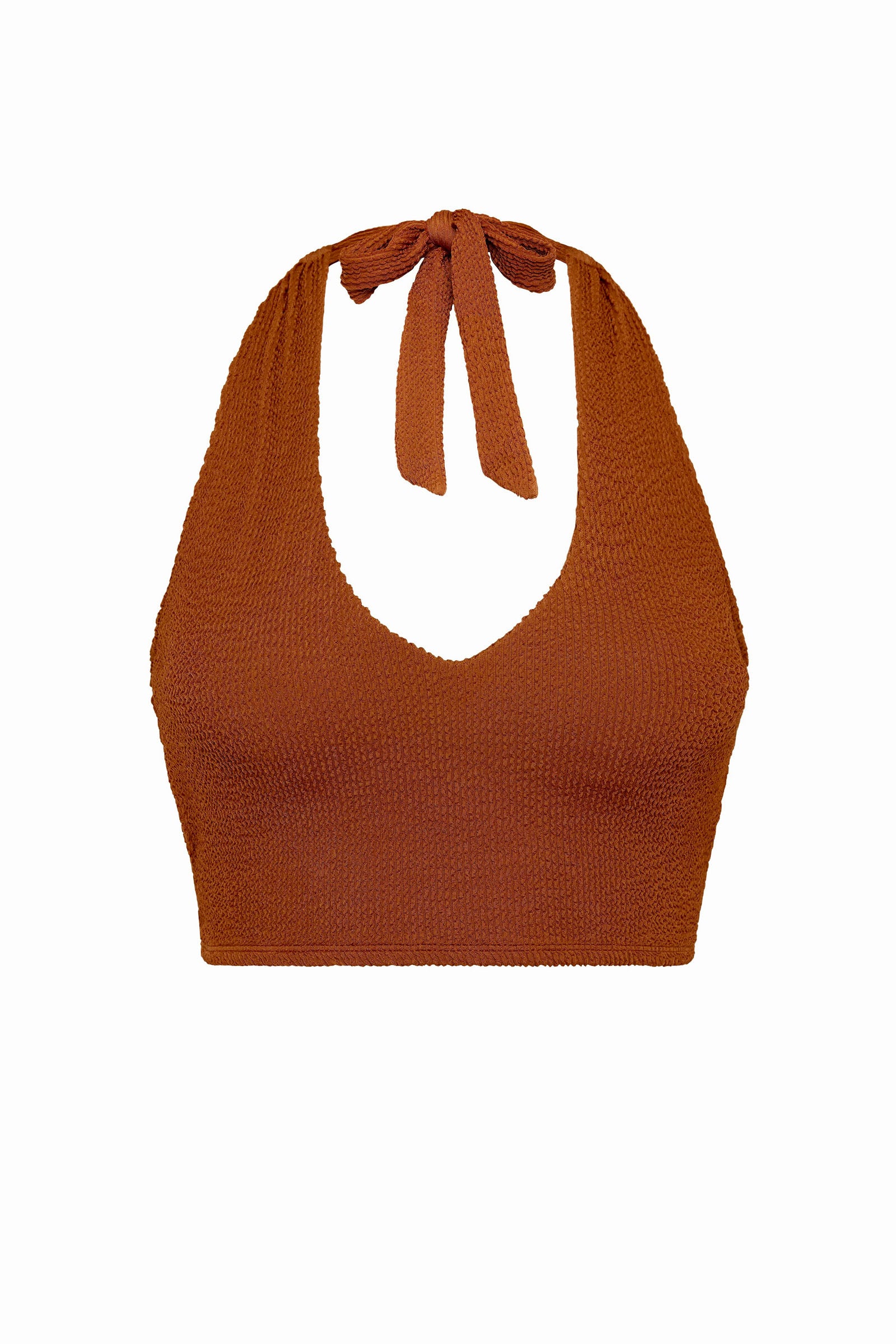 Caramel halter bikini top with built-in support, flattering plunge neckline and adjustable tie-neck.