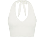 White halter bikini top with built-in support, flattering plunge neckline and adjustable tie-neck.
