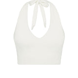 White halter bikini top with built-in support, flattering plunge neckline and adjustable tie-neck.
