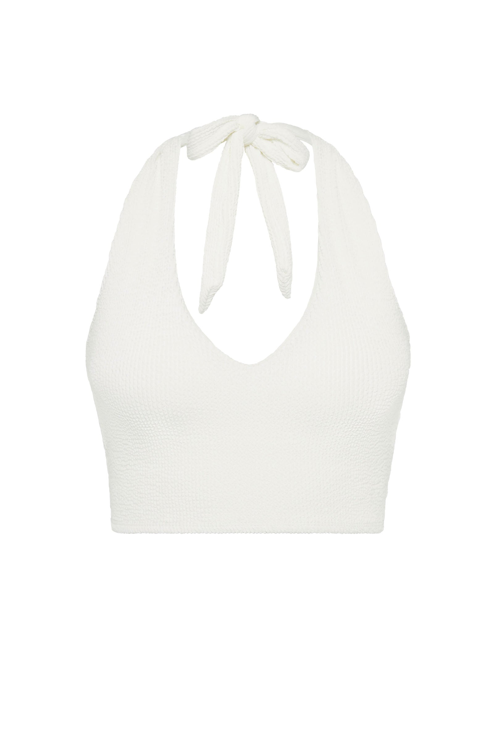 White halter bikini top with built-in support, flattering plunge neckline and adjustable tie-neck.