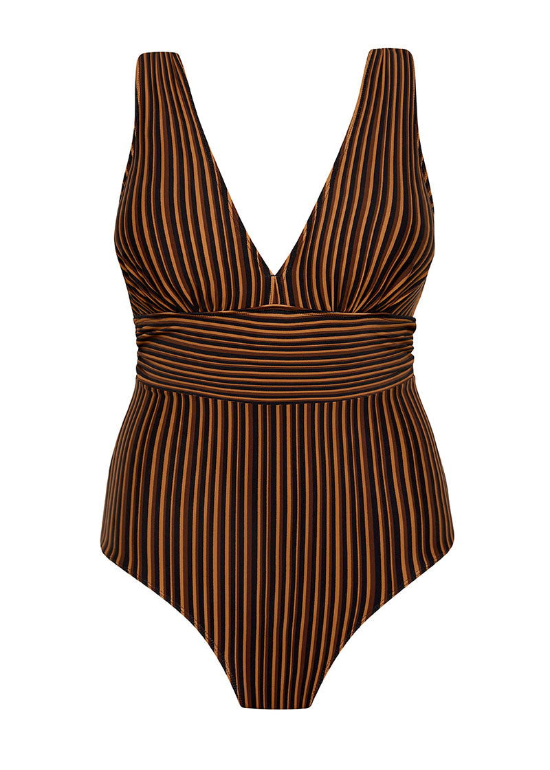 Bokumaia Gaia One Piece Mocha Stripe – supportive D-G cup sculpting swimsuit with wrap bust