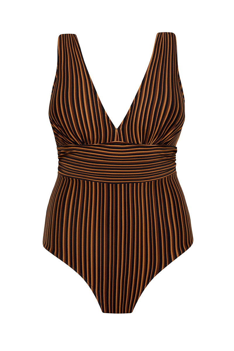 Bokumaia Gaia One Piece Mocha Stripe – supportive D-G cup sculpting swimsuit with wrap bust