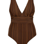 Bokumaia Gaia One Piece Mocha Stripe – supportive D-G cup sculpting swimsuit with wrap bust