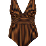 Bokumaia Gaia One Piece Mocha Stripe – supportive D-G cup sculpting swimsuit with wrap bust