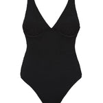 Textured black full coverage one piece swimsuit with a flattering plunge neckline, underwire bust support and adjustable shoulder straps.