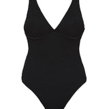 Textured black full coverage one piece swimsuit with a flattering plunge neckline, underwire bust support and adjustable shoulder straps.