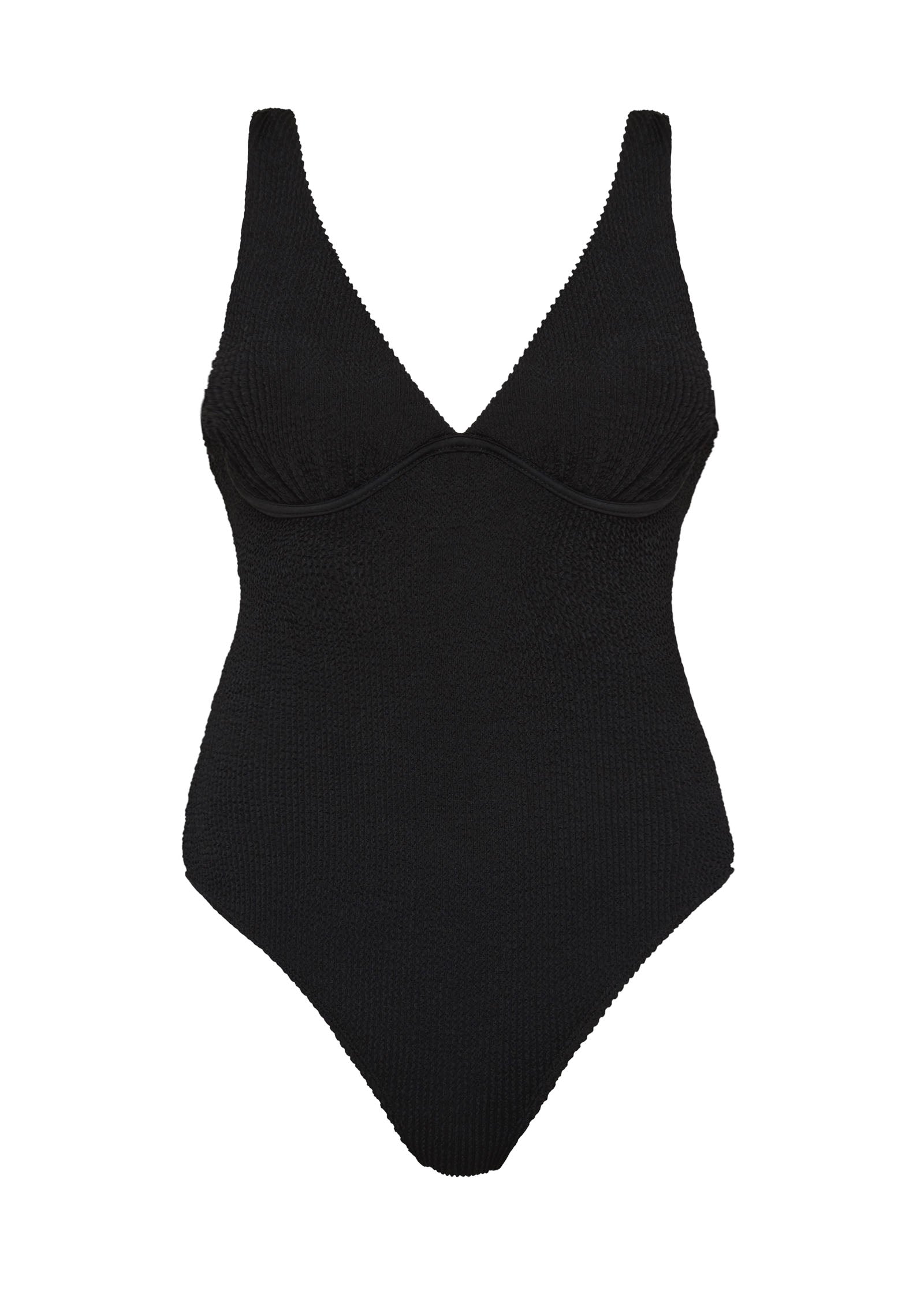Textured black full coverage one piece swimsuit with a flattering plunge neckline, underwire bust support and adjustable shoulder straps.