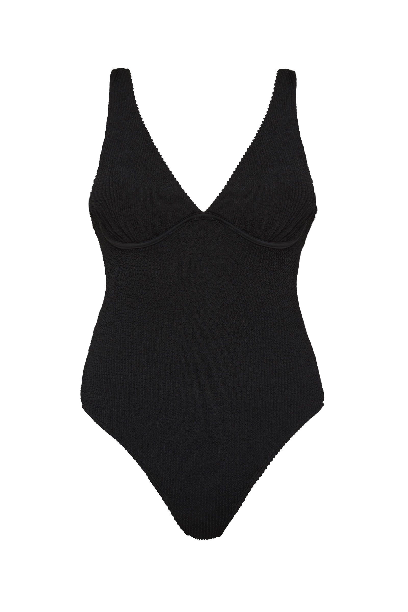 Textured black full coverage one piece swimsuit with a flattering plunge neckline, underwire bust support and adjustable shoulder straps.