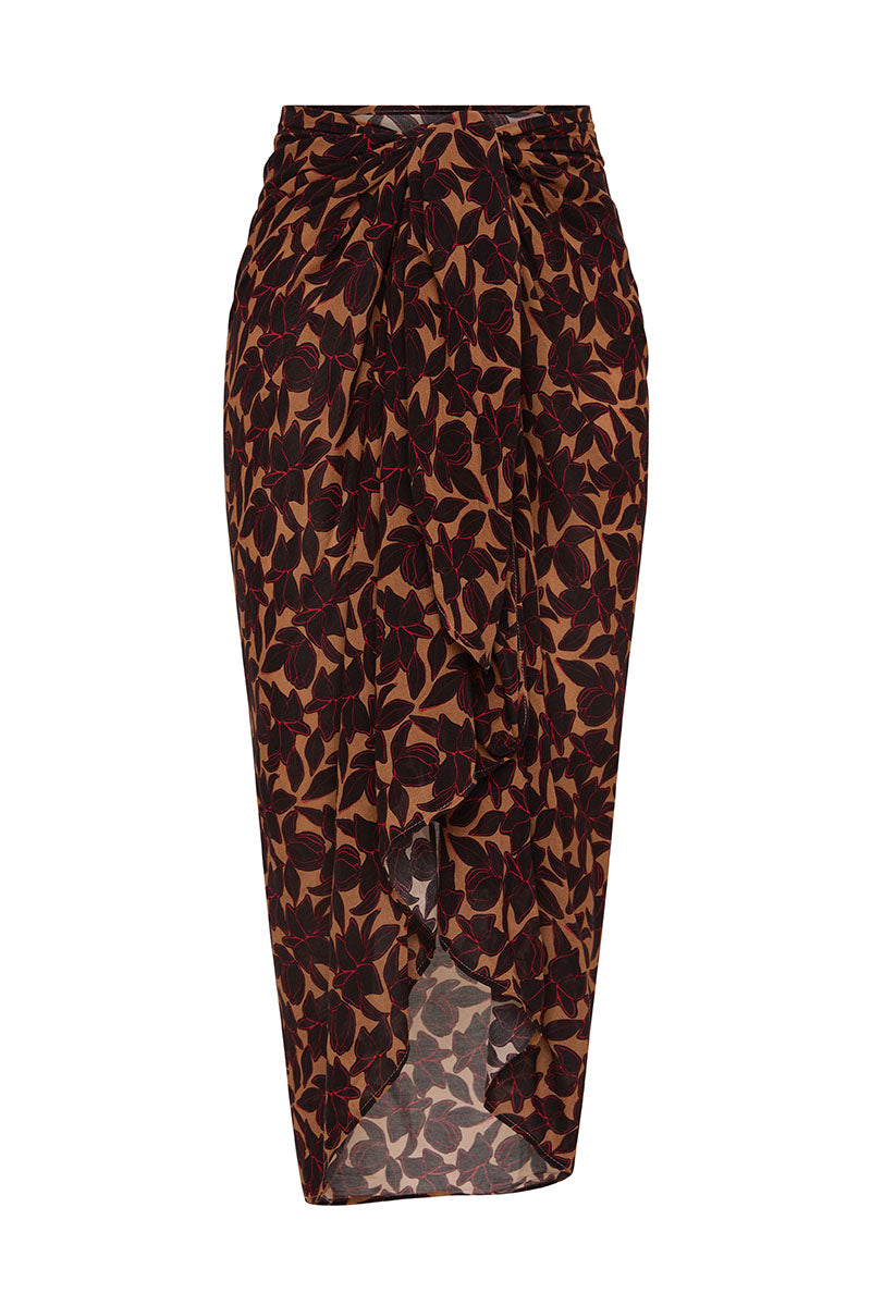 bokumaia noir hibiscus print sarong mocha brown black floral pareo wrap beach cover up