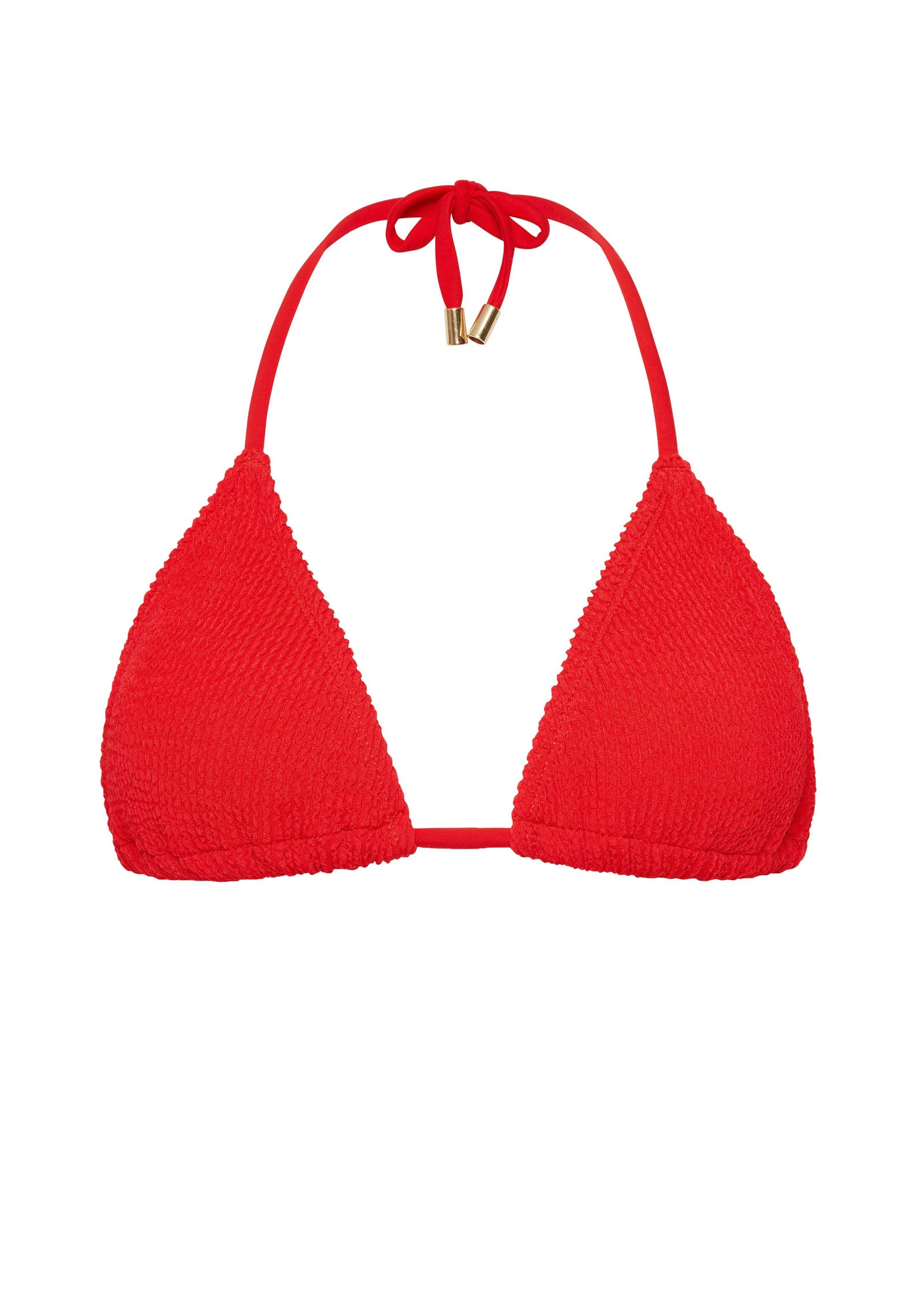 Red textured triangle bikini top with removable padding, tie neck and back for fully adjustable custom fit. 