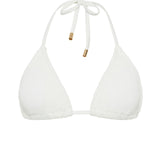 White textured triangle bikini top with removable padding, tie neck and back for fully adjustable custom fit. 